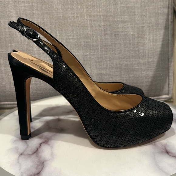 BCBG heels - black sequin slingback platform shoes peep toe size 8.5. Stiletto - Picture 6 of 17